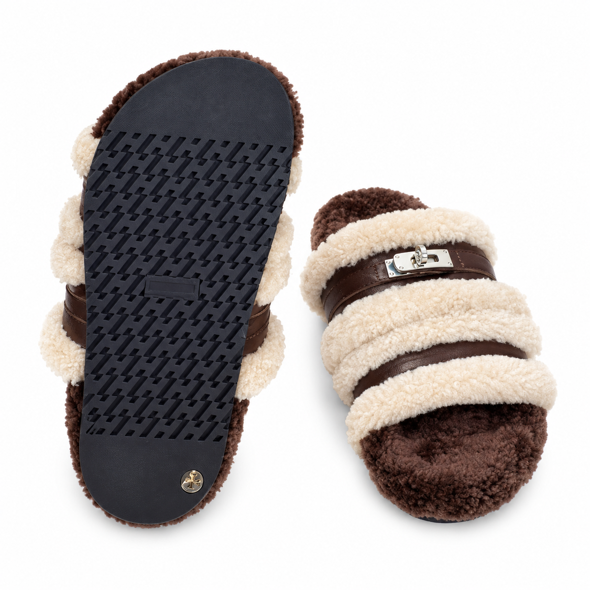 Hermès Dark Brown Slide Sandals with Cream Plush Trim