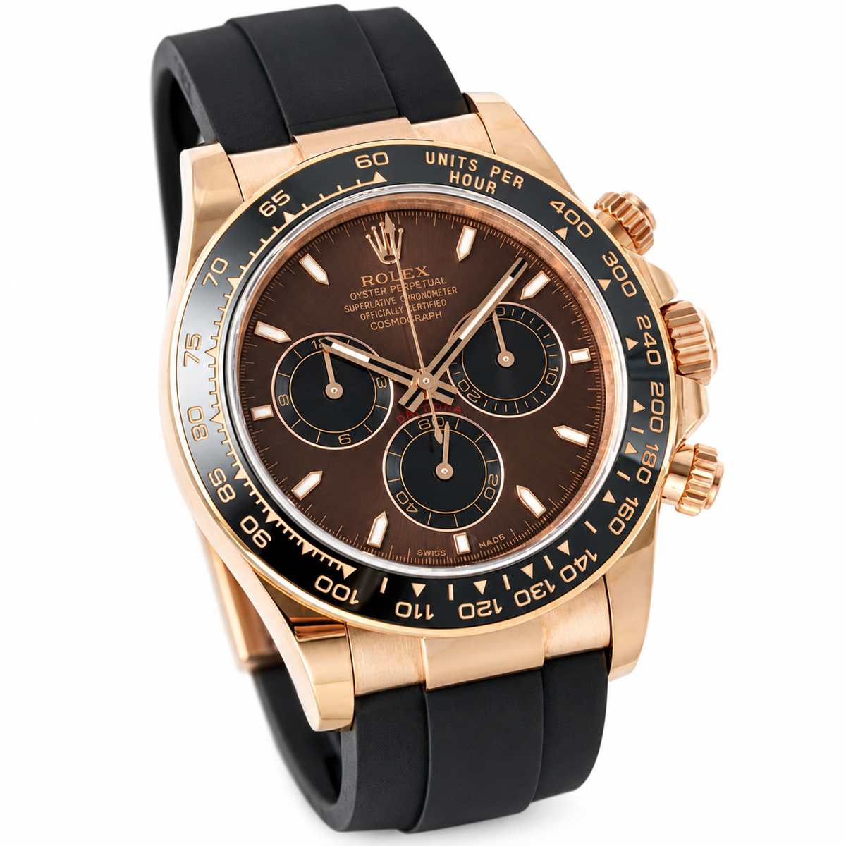 Rolex Cosmograph Daytona Rose Gold Black Ceramic Bezel Chocolate Dial Oysterflex Watch
