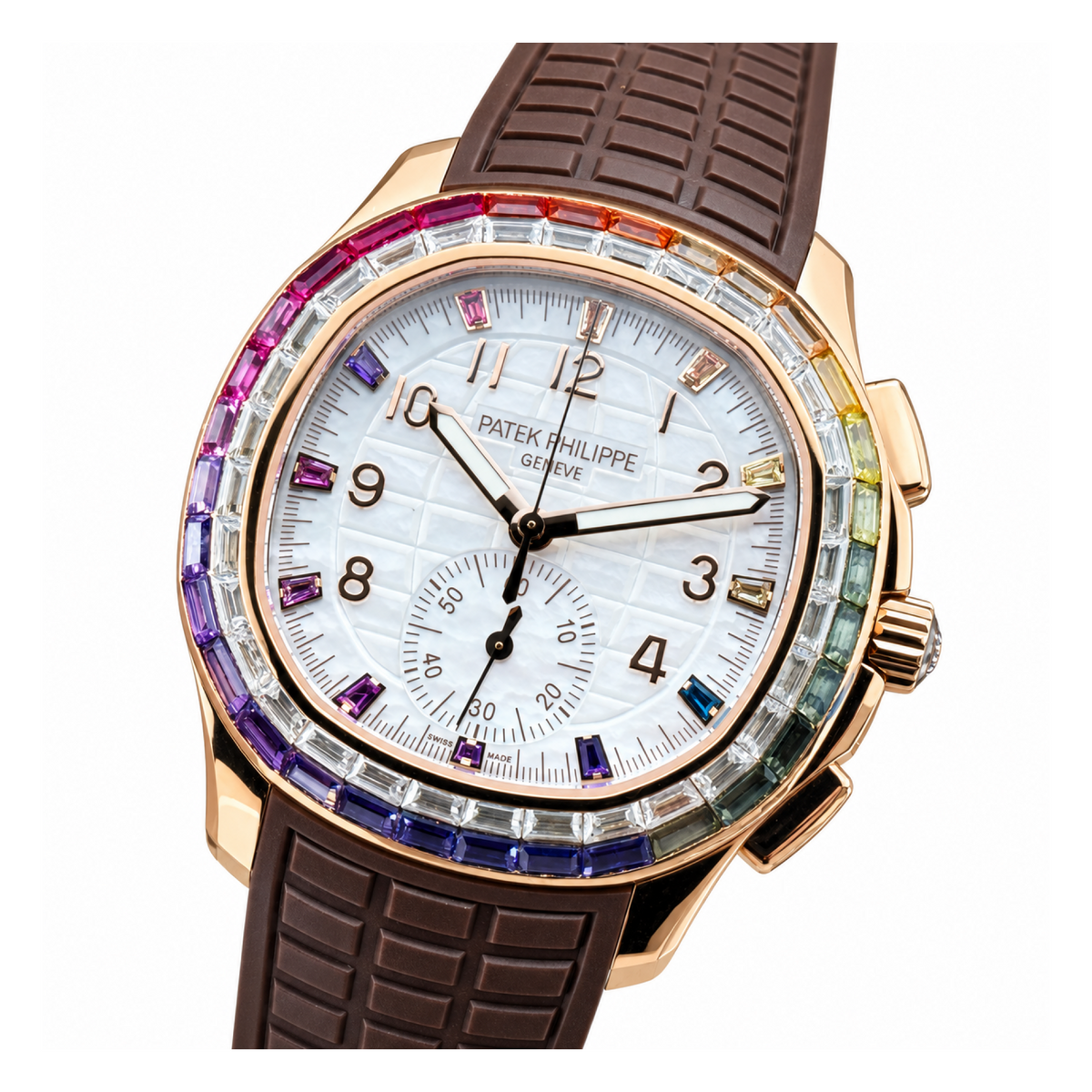 Patek Philippe Aquanaut Chronograph Rose Gold Rainbow Sapphire White MOP Brown Strap 39.9mm