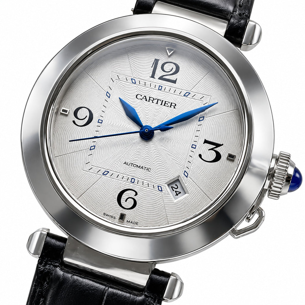 Cartier Pasha de Cartier 41mm — Steel, Silver Dial, Arabic Numerals, Date & Black Alligator Strap, Automatic