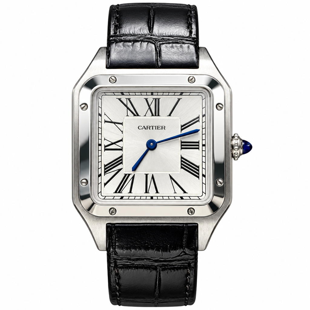 Cartier Santos-Dumont XL Stainless Steel White Dial Black Alligator Strap Watch