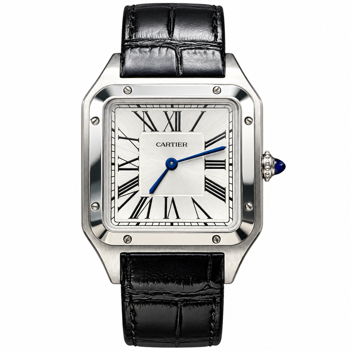 Cartier Santos-Dumont XL Stainless Steel White Dial Black Alligator Strap Watch