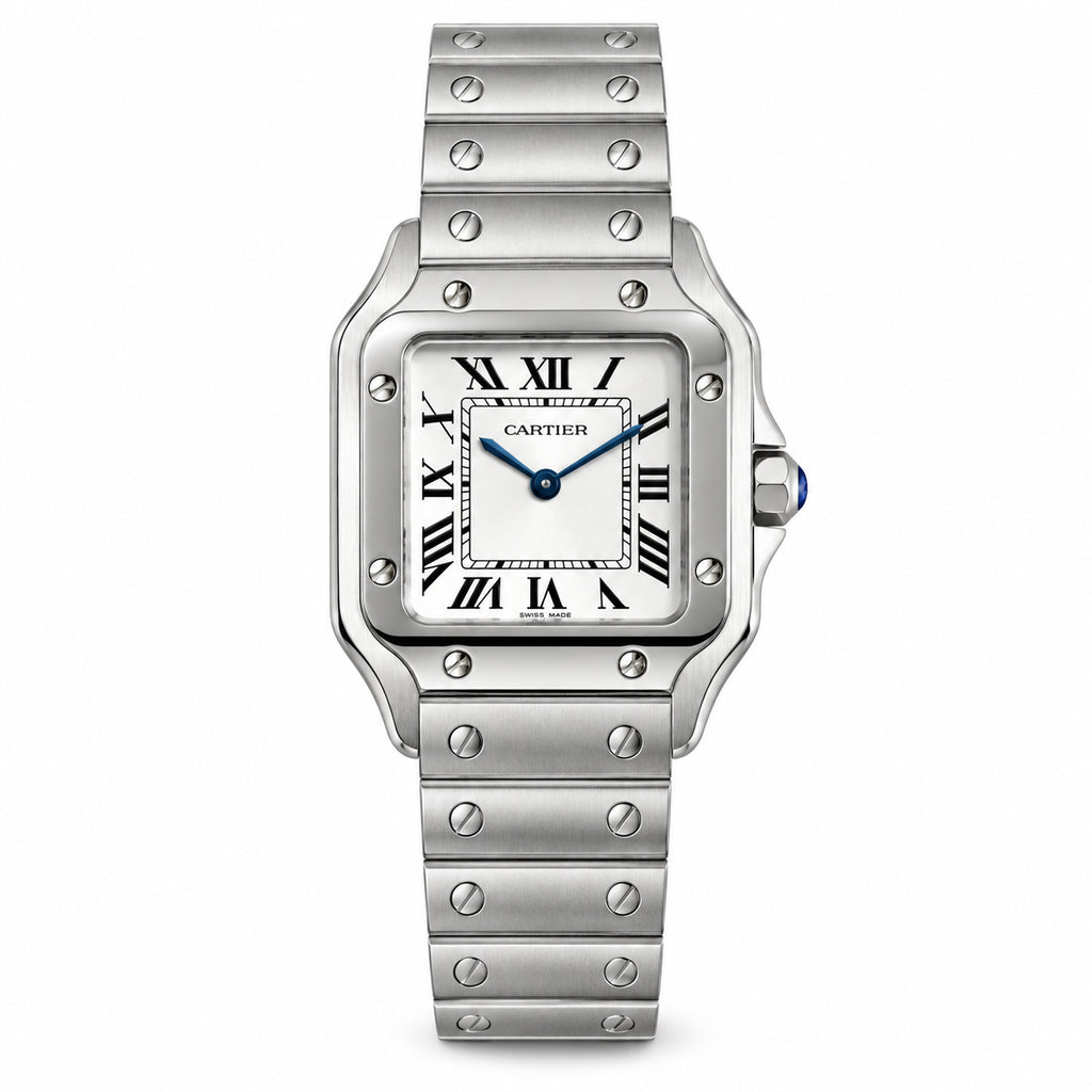Cartier Santos de Cartier Large Stainless Steel White Dial Roman Numeral Blue Hands Steel Bracelet Automatic Watch