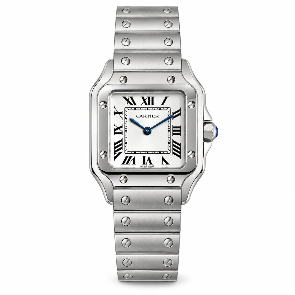 Cartier Santos de Cartier Large Stainless Steel White Dial Roman Numeral Blue Hands Steel Bracelet Automatic Watch