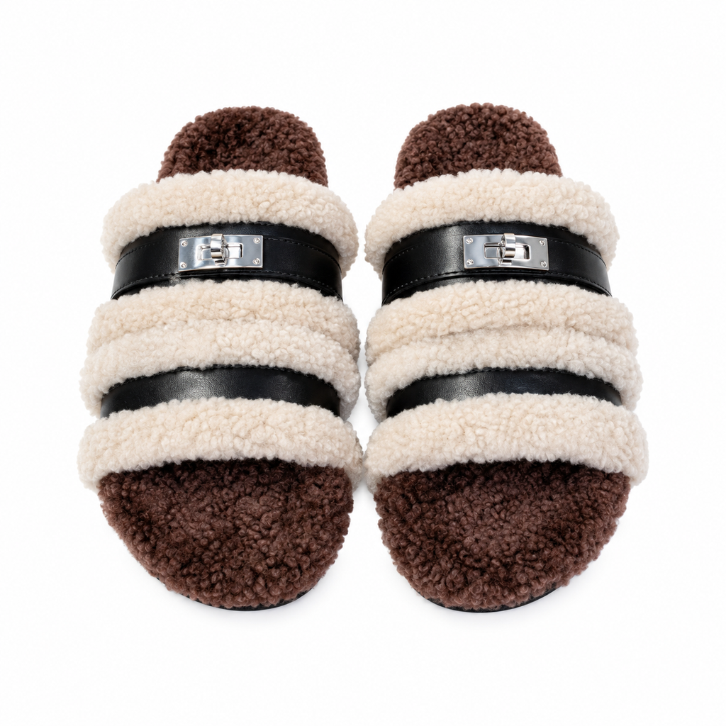 Hermès Black Double-Strap Slides with Cream Plush Trim