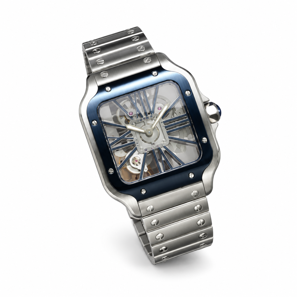 Cartier Santos de Cartier Large Skeleton Blue ADLC Bezel Automatic Steel Bracelet Watch