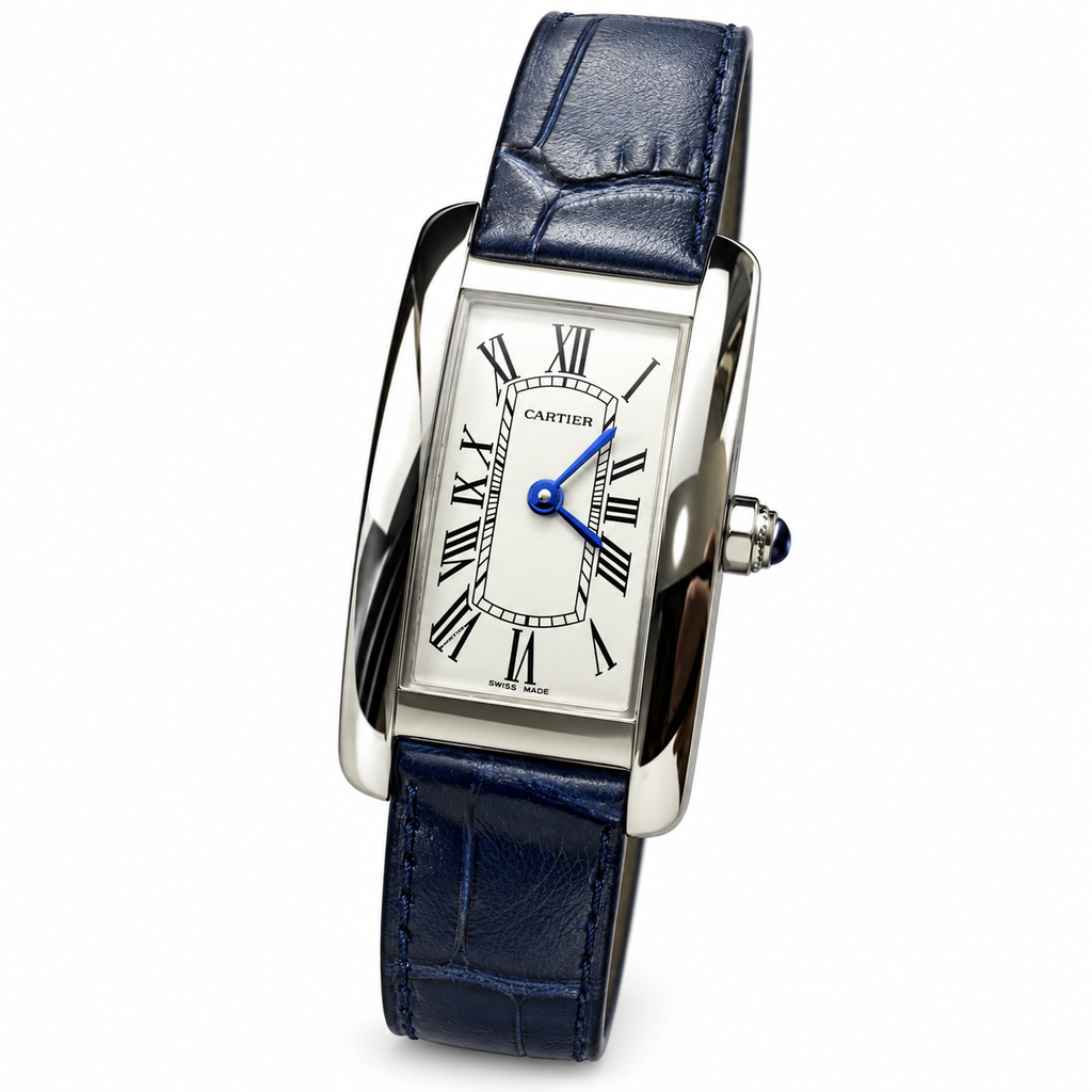 Cartier Tank Must Large Stainless Steel White Dial Blue Alligator Strap Watch