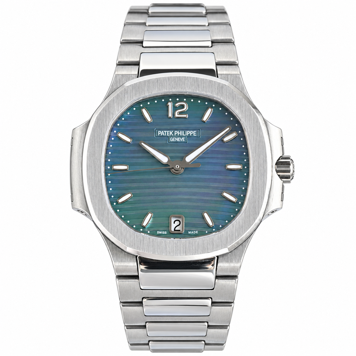 Patek Philippe Nautilus Ladies Stainless Steel Blue Green MOP Dial Date Steel Bracelet 40mm