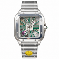 Cartier Santos de Cartier Large Stainless Steel Skeleton Green Roman Numeral Steel Bracelet Automatic Watch