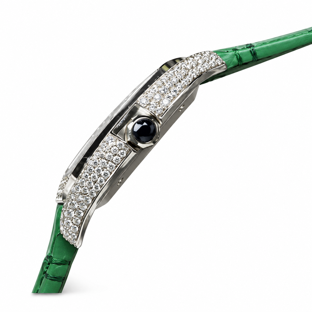 Cartier Santos de Cartier Medium 18k White Gold Full Diamond Bezel Green Dial Arabic Numeral Green Alligator Strap Automatic Watch