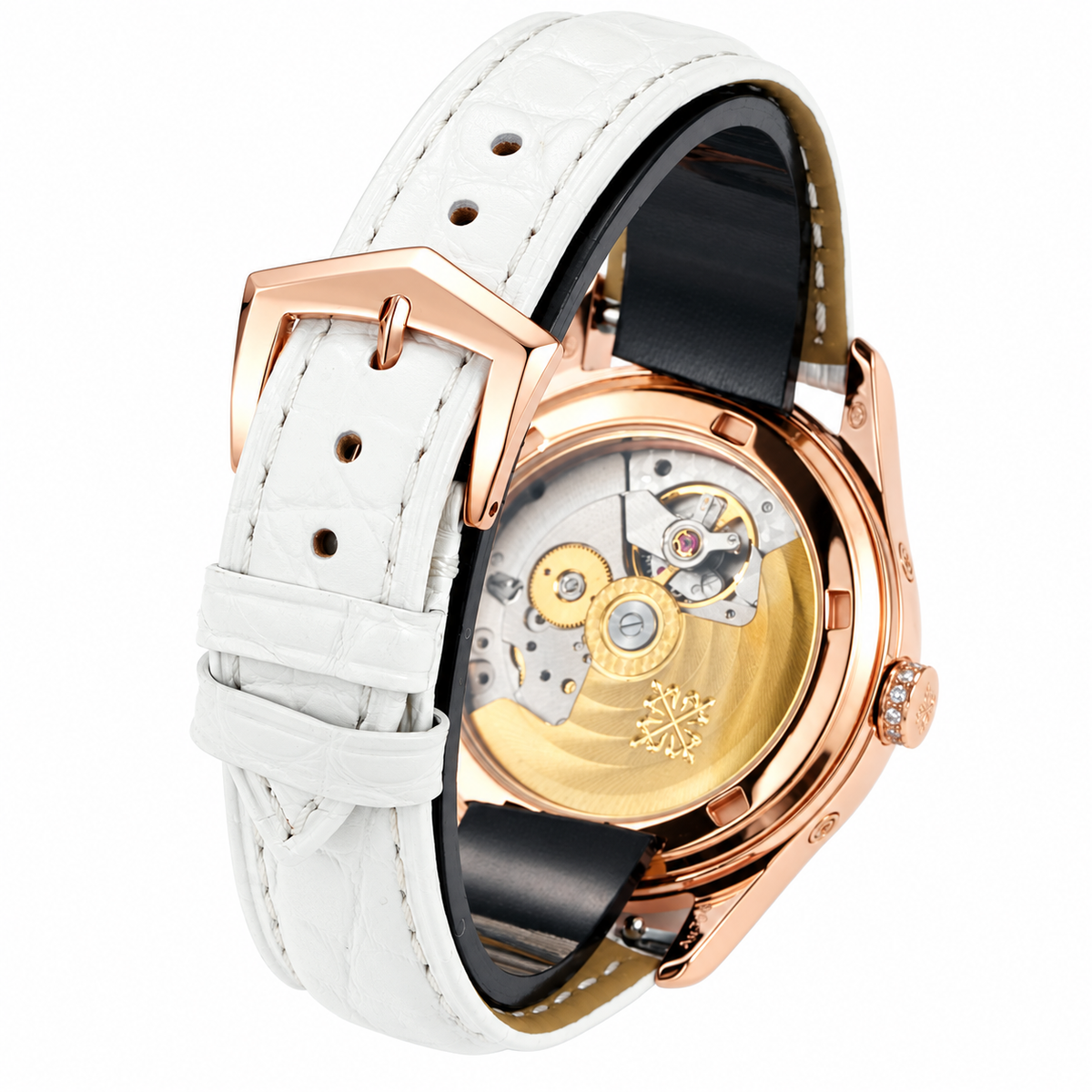 Patek Philippe Ladies Rose Gold Diamond Bezel Annual Calendar Moon Phase MOP Dial White Strap 38mm
