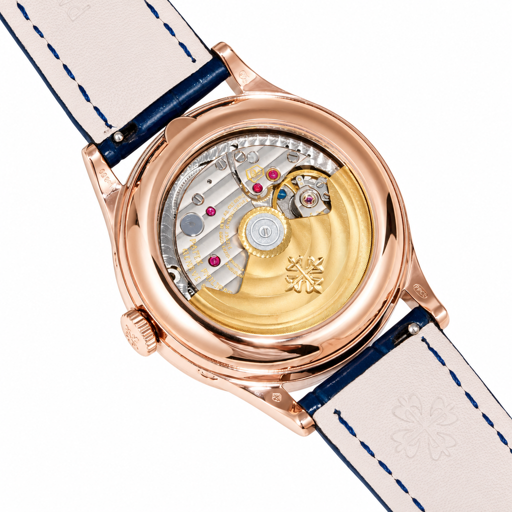 Patek Philippe Complications Rose Gold Baguette Diamond Bezel Blue Dial Annual Calendar Moon Phase Day Month Date Blue Strap 38mm