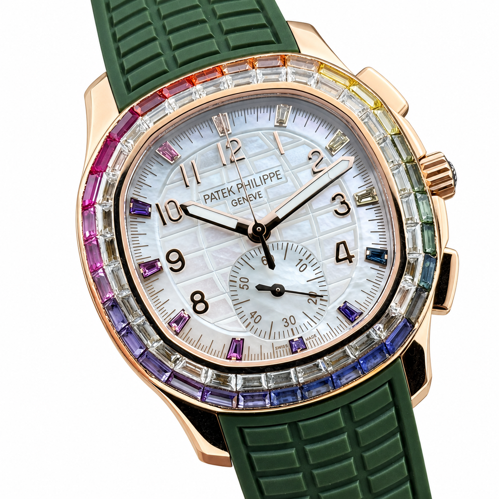 Patek Philippe Aquanaut Chronograph Rose Gold Rainbow Sapphire White MOP Forest Green Strap 39.9mm