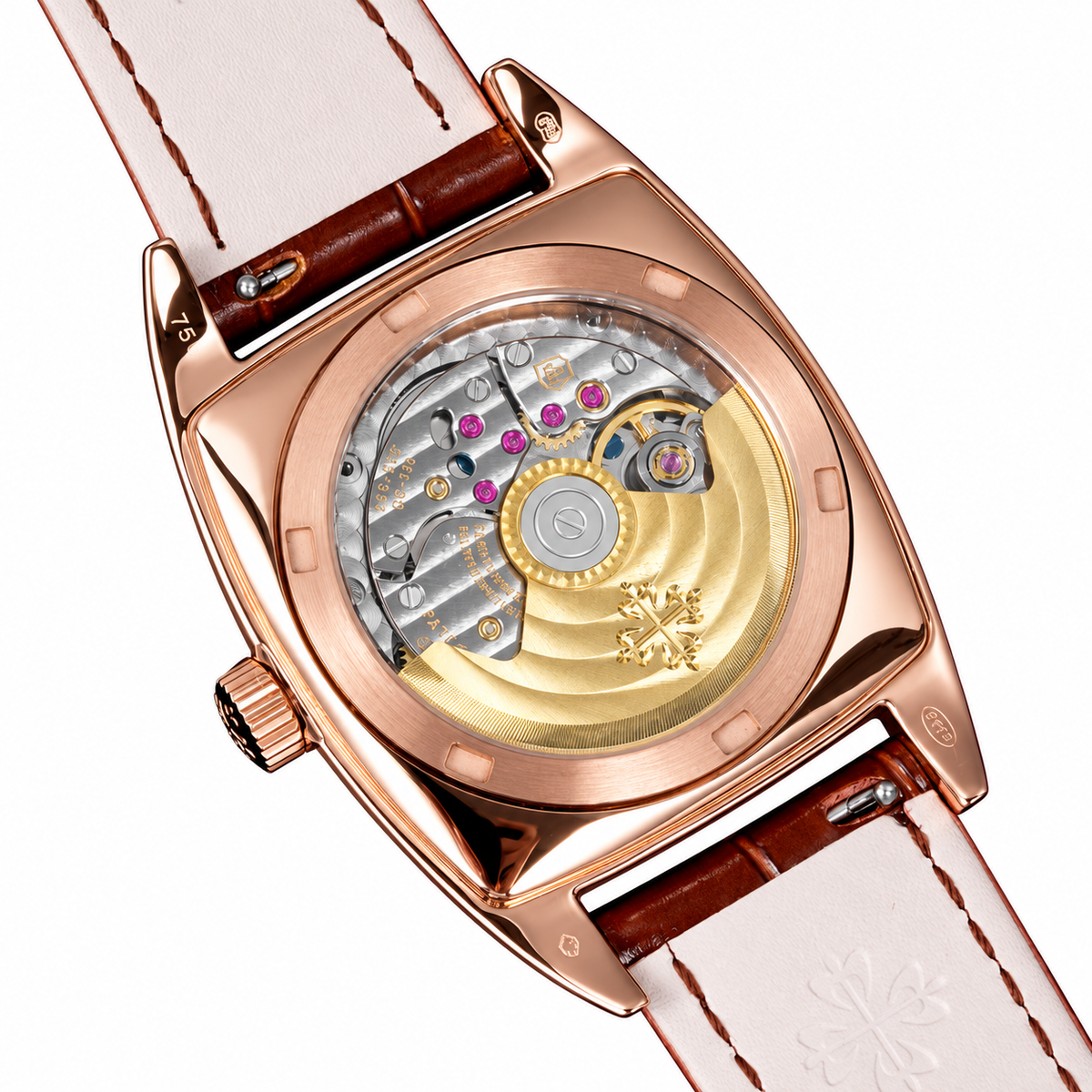 Patek Philippe Gondolo Cushion Rose Gold Moon Phase Small Seconds Date Month Ivory Dial Brown Strap 34mm