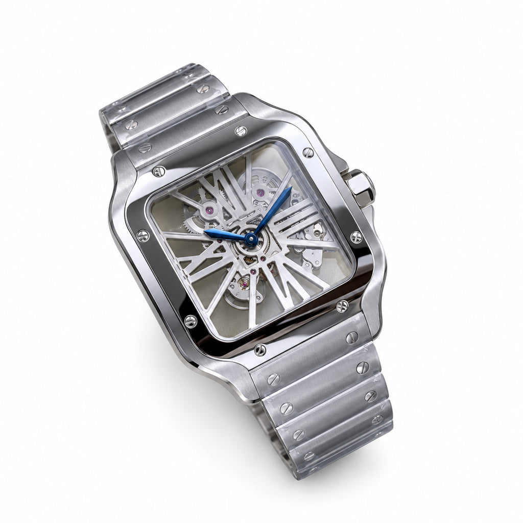 Cartier Santos de Cartier Large Stainless Steel Skeleton Silver Roman Numeral Steel Bracelet Automatic Watch