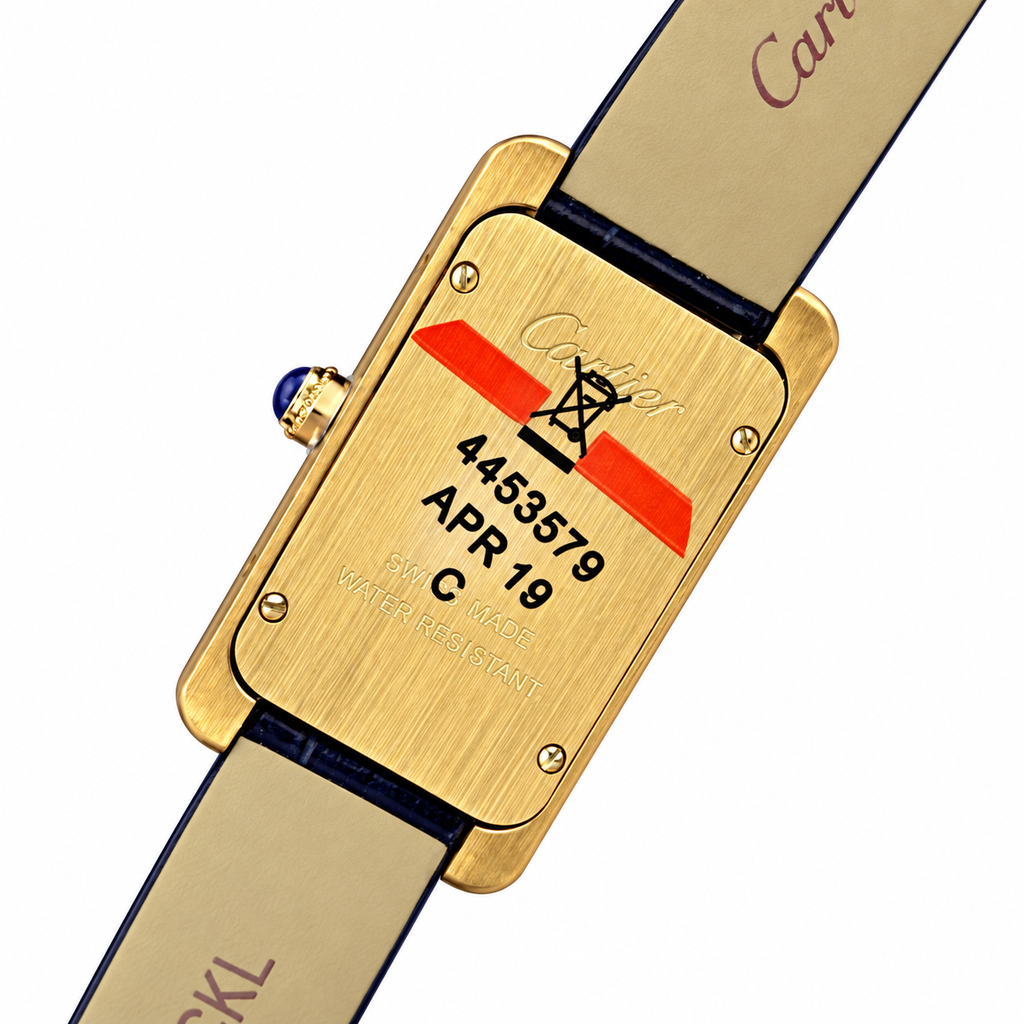 Cartier Tank Must Yellow Gold White Dial Navy Blue Alligator Strap Watch