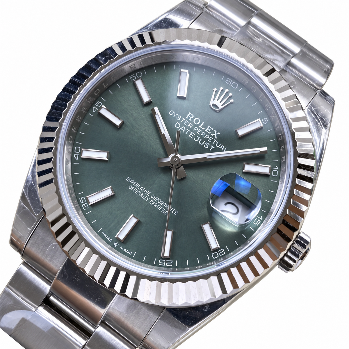 Rolex Datejust Mint Green Dial Fluted Bezel Oyster Bracelet Oystersteel