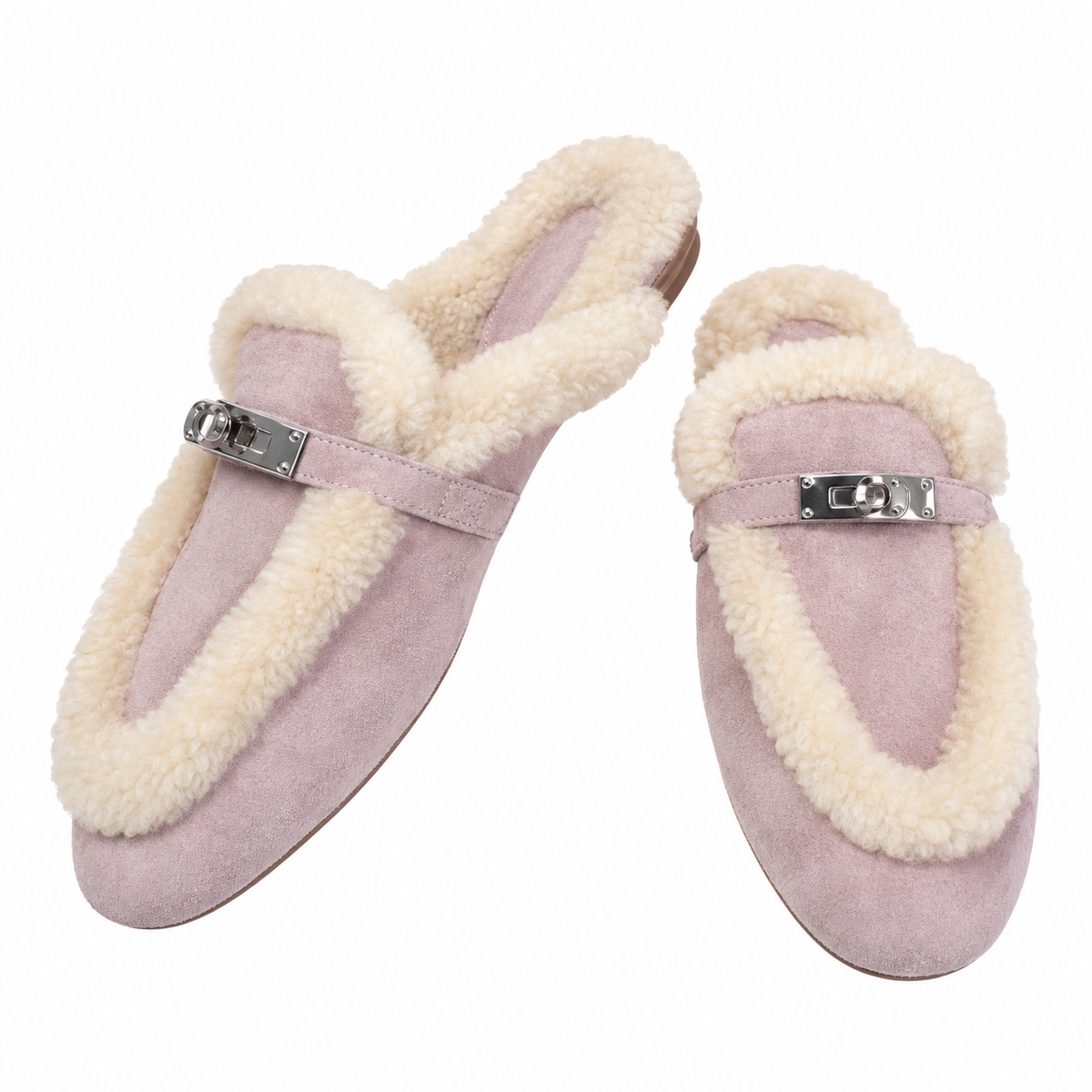 Hermès Pink Mules with Cream Plush Trim & Silver-Tone Hardware