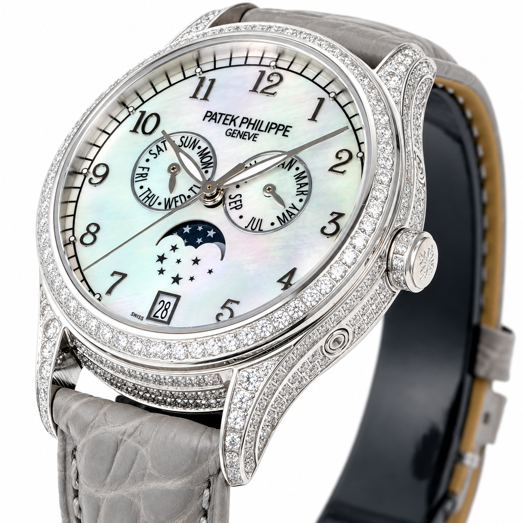 Patek Philippe Ladies Complications White Gold Full Diamond Bezel Lugs White MOP Dial Arabic Numerals Annual Calendar Moon Phase Date Grey Strap 38mm