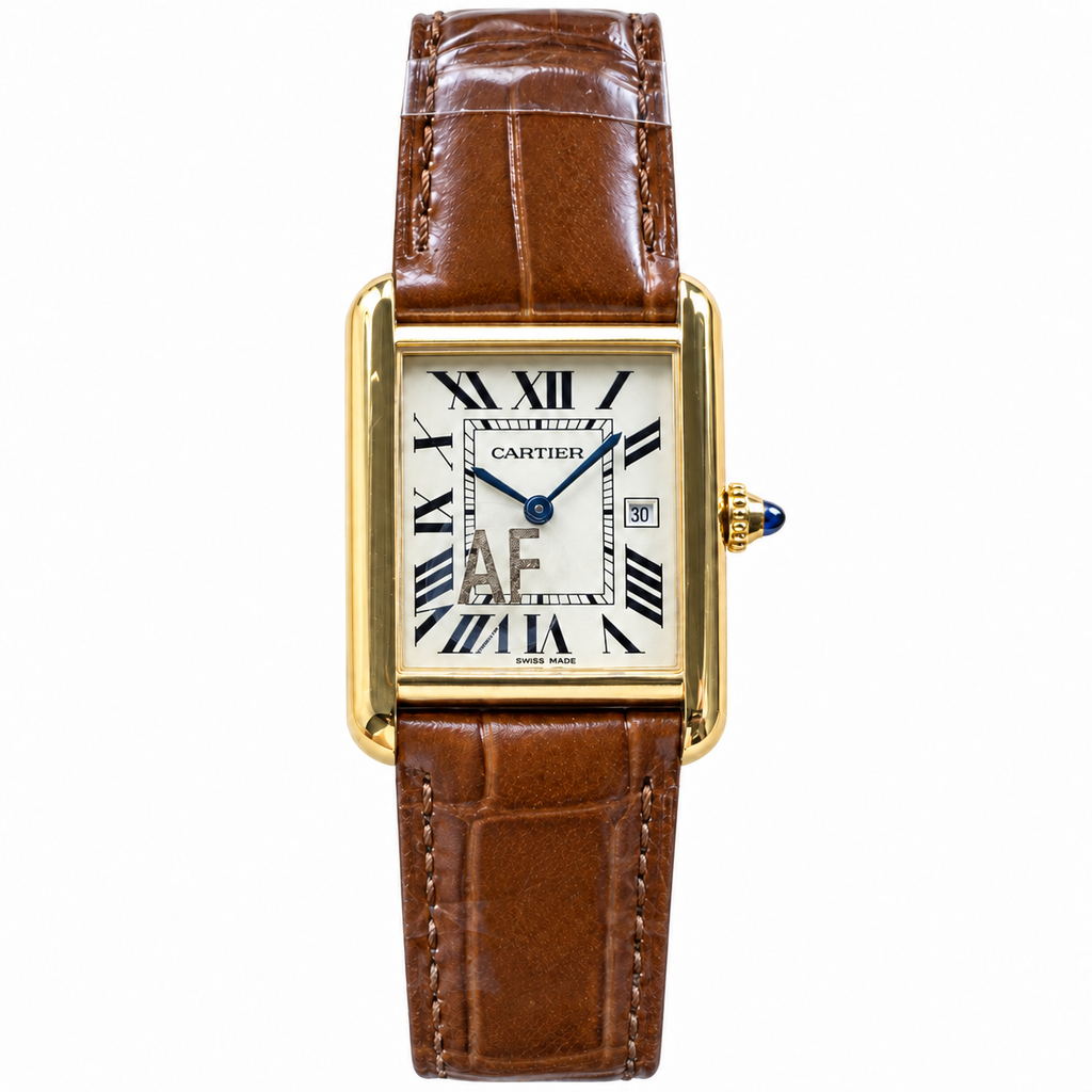 Cartier Tank Solo Yellow Gold White Dial Date Brown Alligator Watch