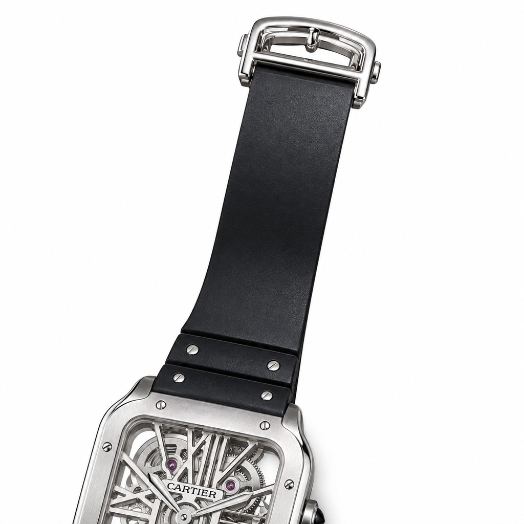 Cartier Santos de Cartier Large Steel Black DLC Skeleton Silver Roman Numeral Black Rubber Strap Automatic Watch