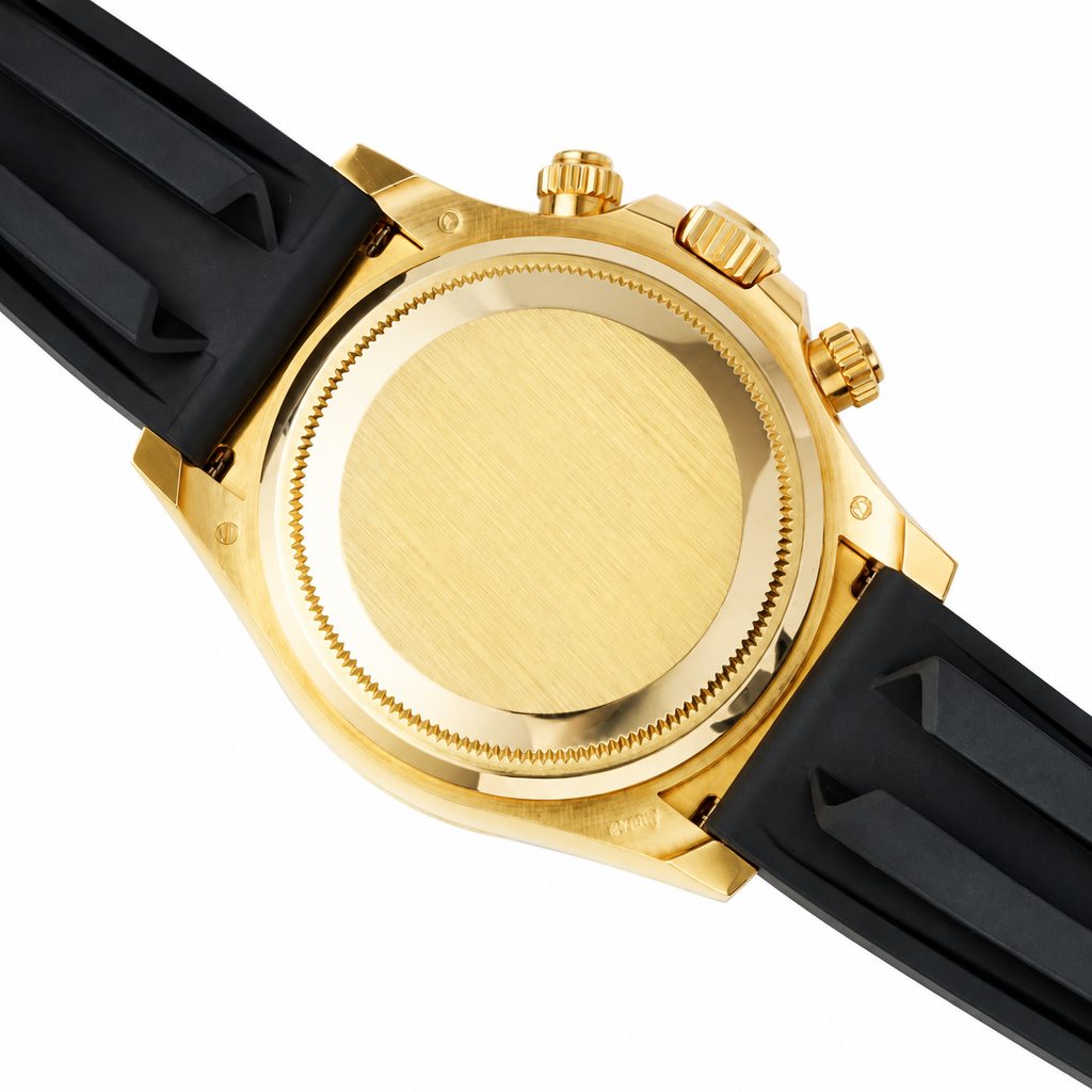 Rolex Cosmograph Daytona Yellow Gold Black Ceramic Bezel Black Dial Champagne Sub-dials Oysterflex Watch