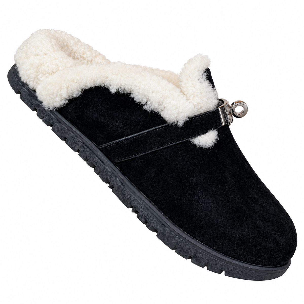Hermès Black Mule Shoes with Cream Plush Lining