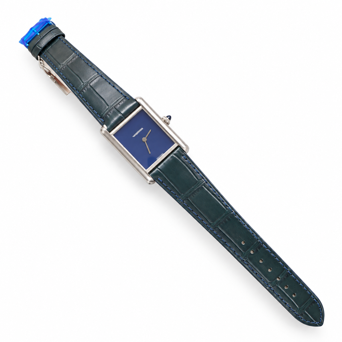 Cartier Tank Must Small Stainless Steel Blue Lacquer Dial Blue Alligator Strap Watch