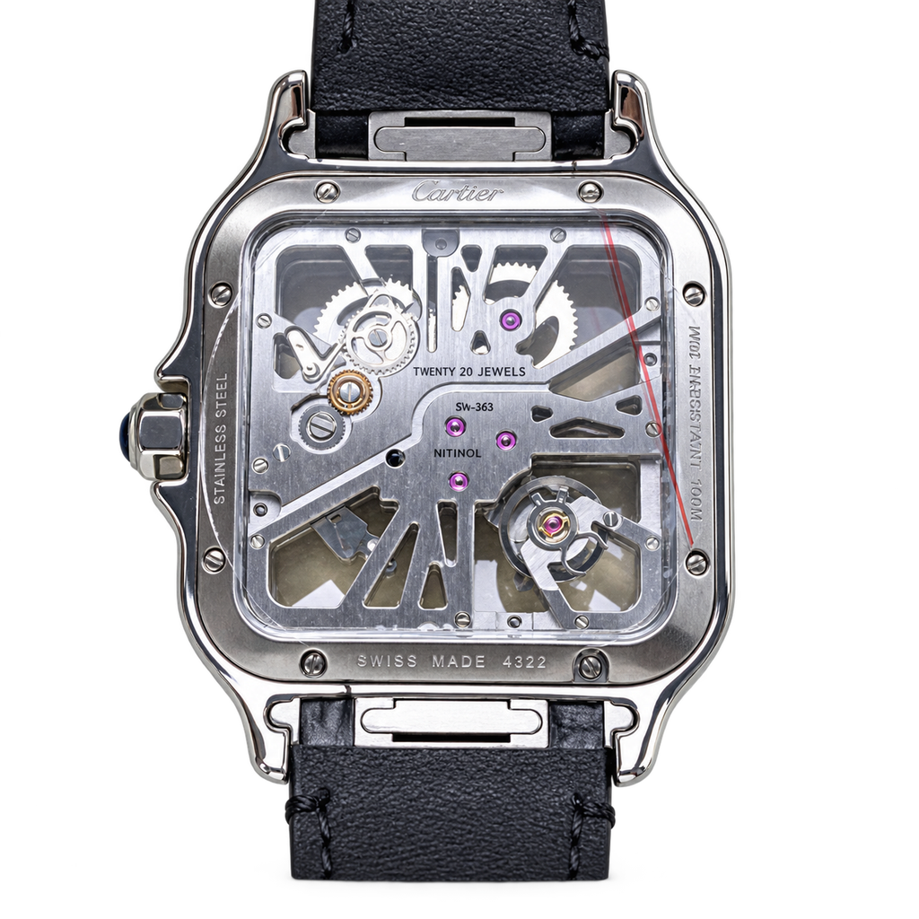 Cartier Santos de Cartier Large Stainless Steel Skeleton Green Roman Numeral Black Alligator Strap Automatic Watch