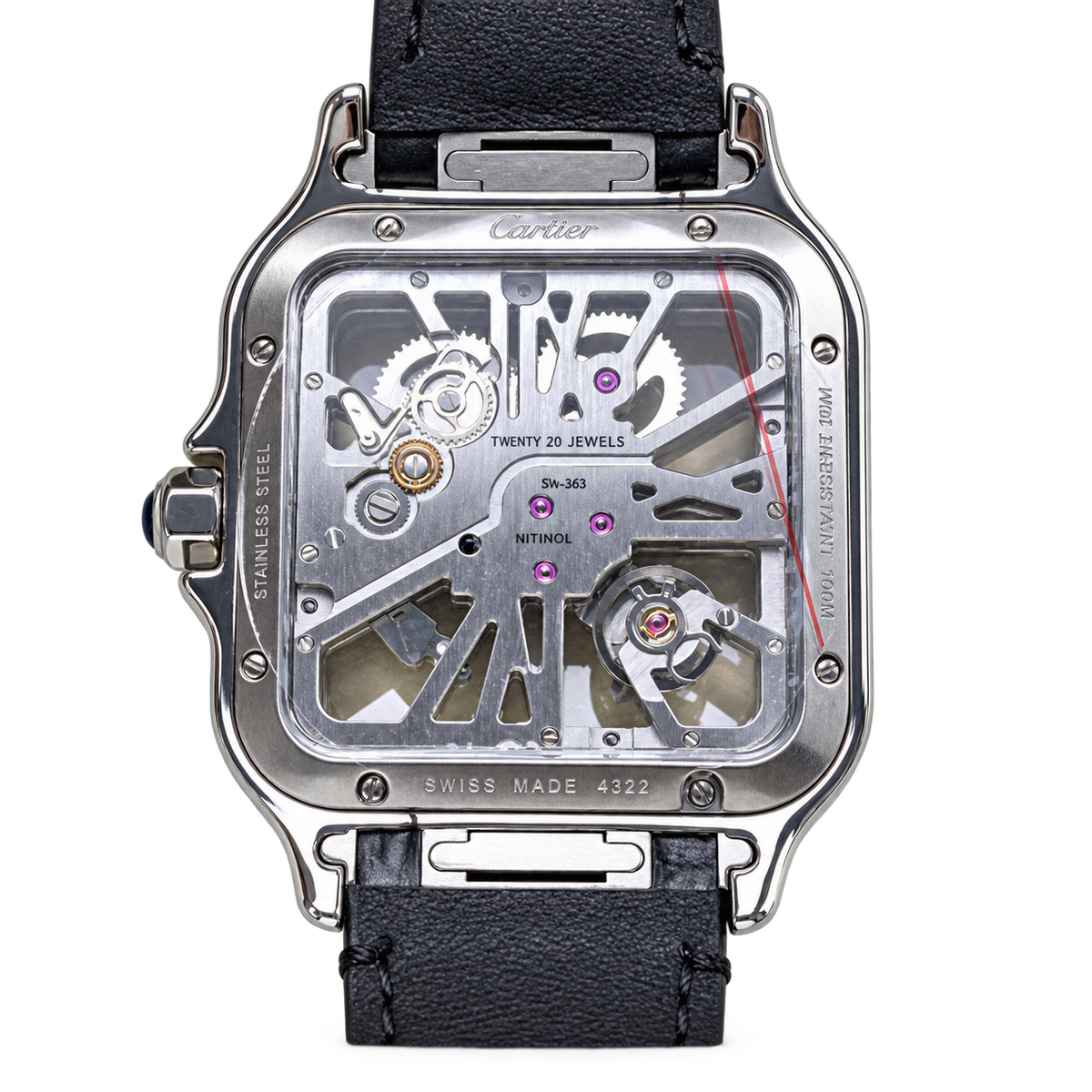 Cartier Santos de Cartier Large Stainless Steel Skeleton Green Roman Numeral Black Alligator Strap Automatic Watch