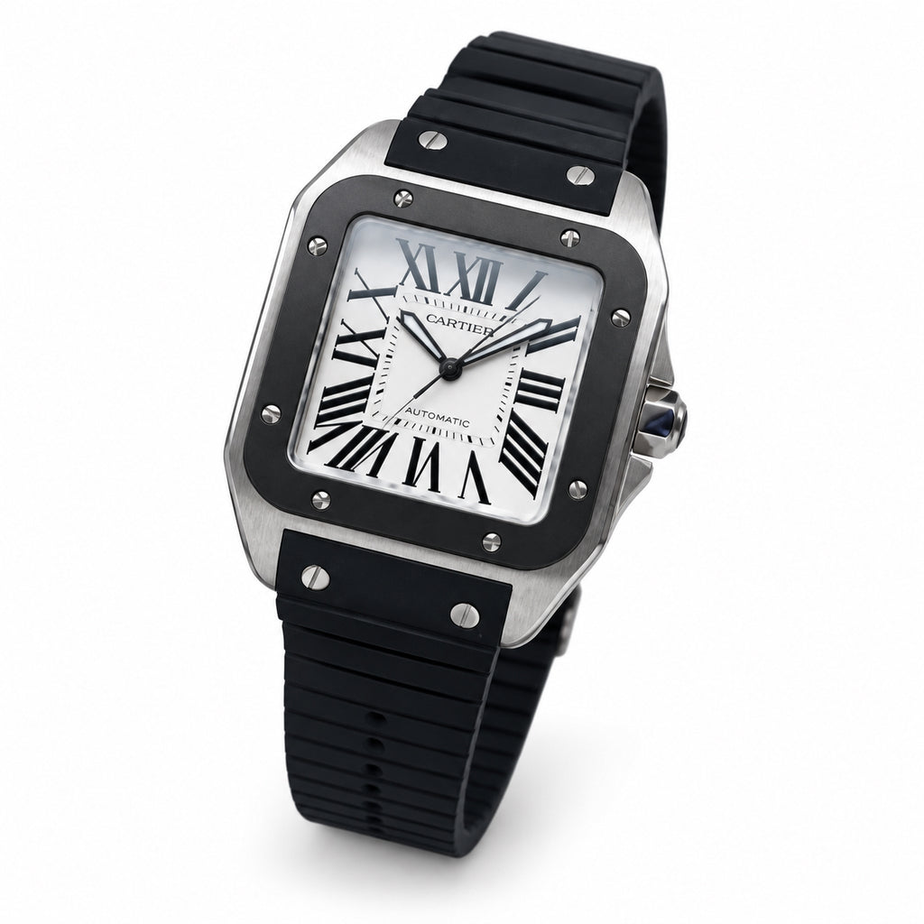Cartier Santos 100 XL Stainless Steel Black Rubber Bezel White Dial Roman Numeral Black Rubber Strap Automatic Watch