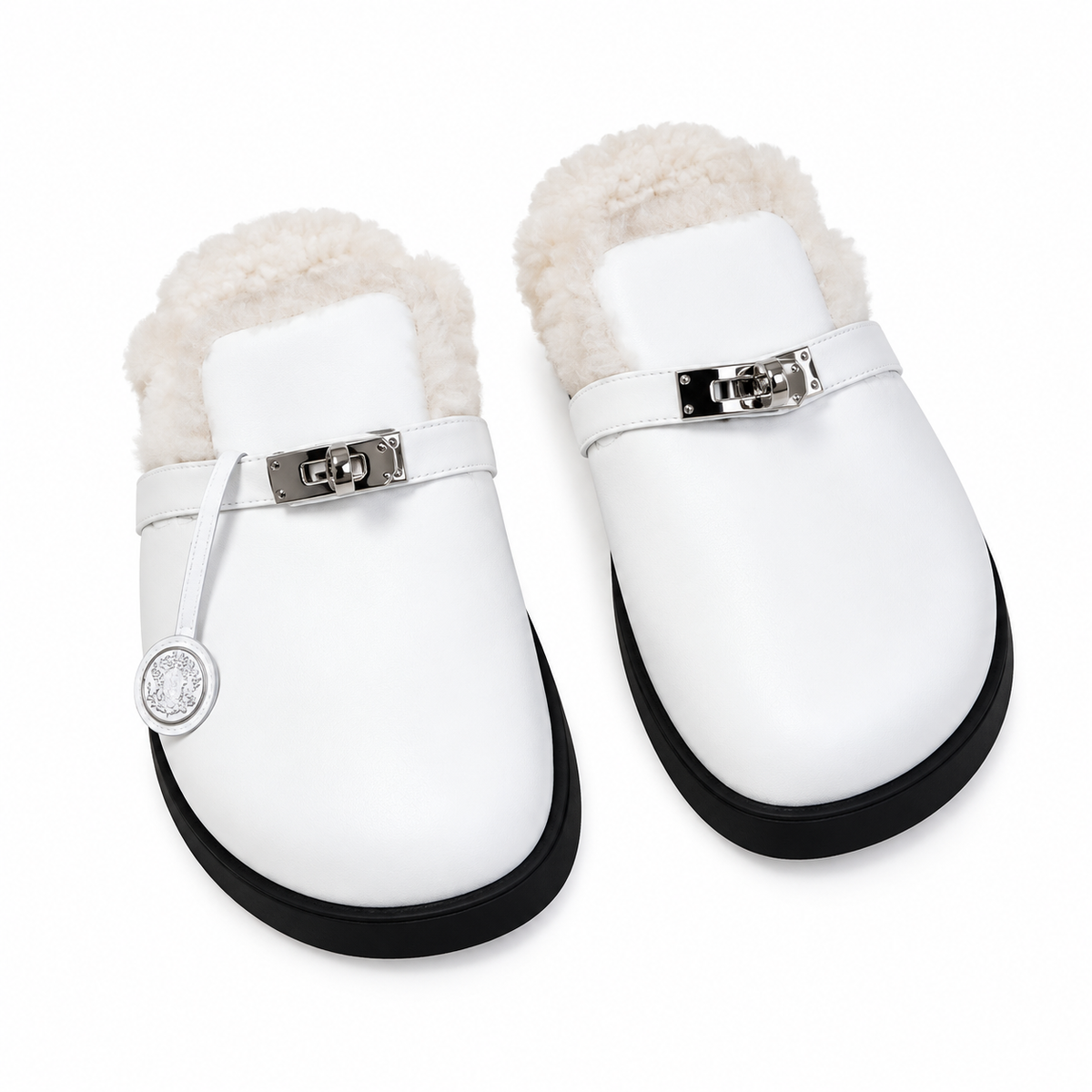 Hermès White Mule Shoes with Cream Plush Lining