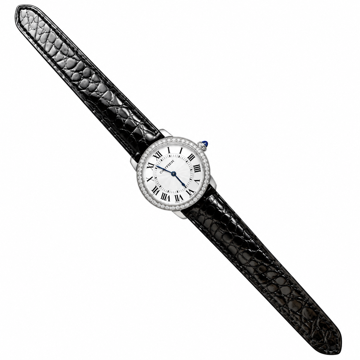 Cartier Ronde Louis Cartier Steel Diamond Bezel White Dial Black Alligator Strap Watch