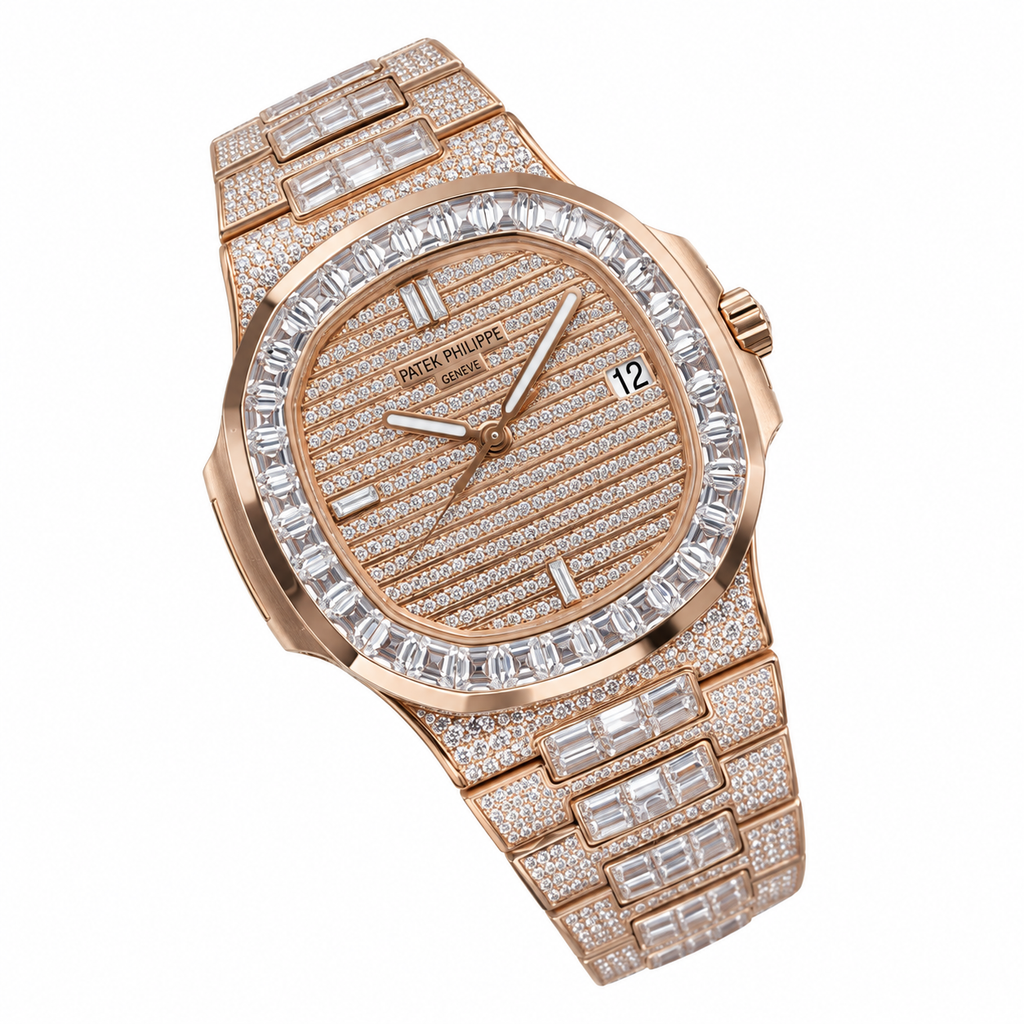 Patek Philippe Nautilus 5719/10R Rose Gold Full Diamond Pave Baguette Bezel Iced Out 40mm