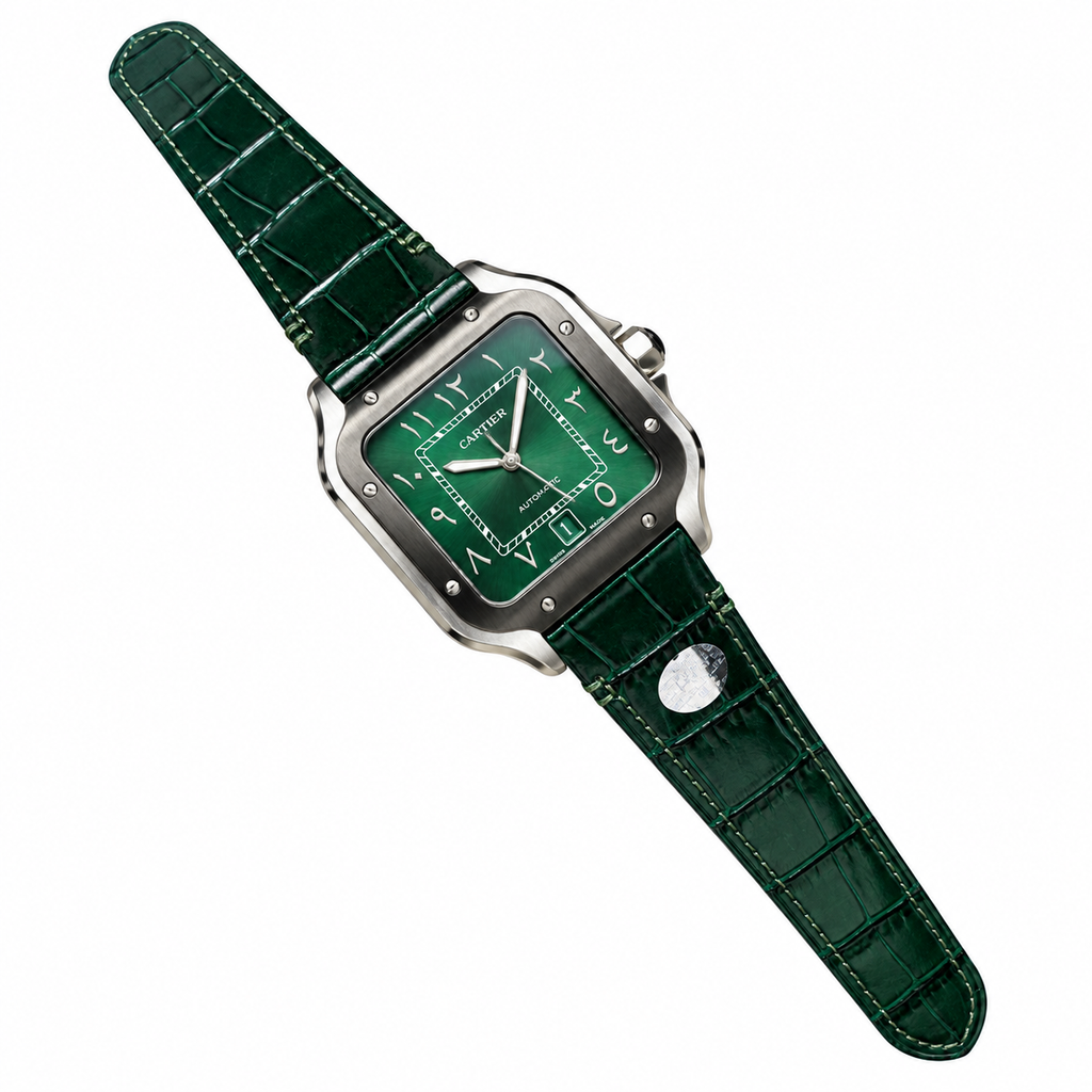 Cartier Santos de Cartier Large Stainless Steel Green Dial Arabic Numeral Green Alligator Strap Automatic Watch
