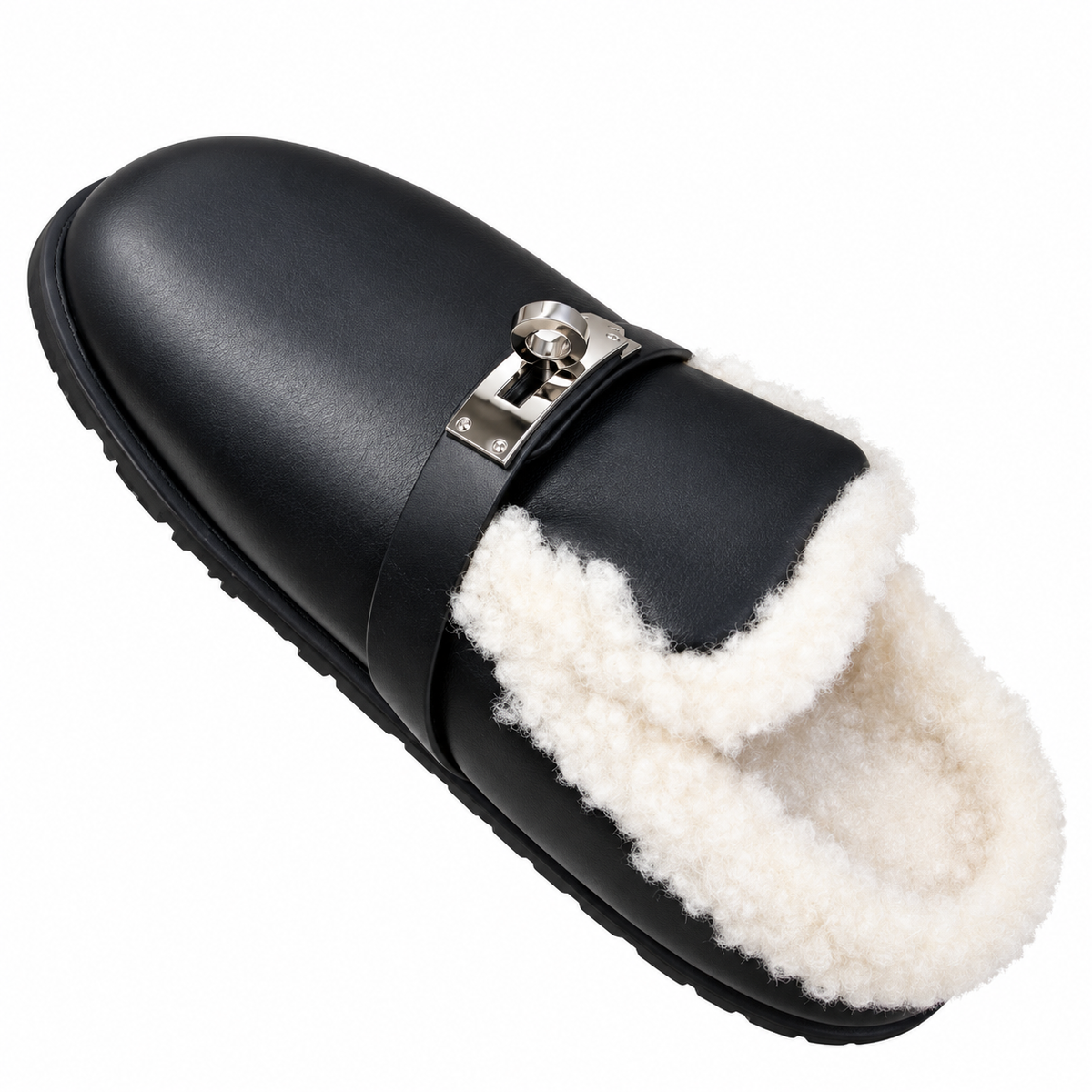 Hermès Black Mule Shoes with Cream Plush Trim