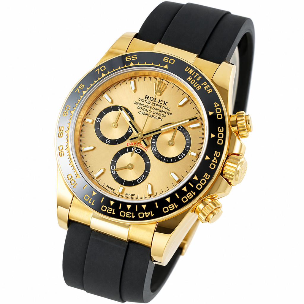 Rolex Cosmograph Daytona 18K Yellow Gold Black Ceramic Bezel Champagne Dial Oysterflex Watch 40mm