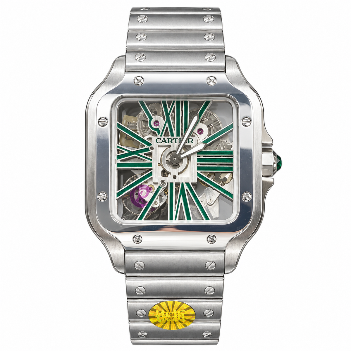 Cartier Santos de Cartier Large Stainless Steel Skeleton Green Roman Numeral Steel Bracelet Automatic Watch