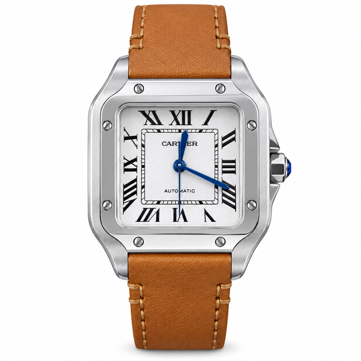 Cartier Santos de Cartier Medium Stainless Steel White Dial Tan Leather Strap Automatic Watch