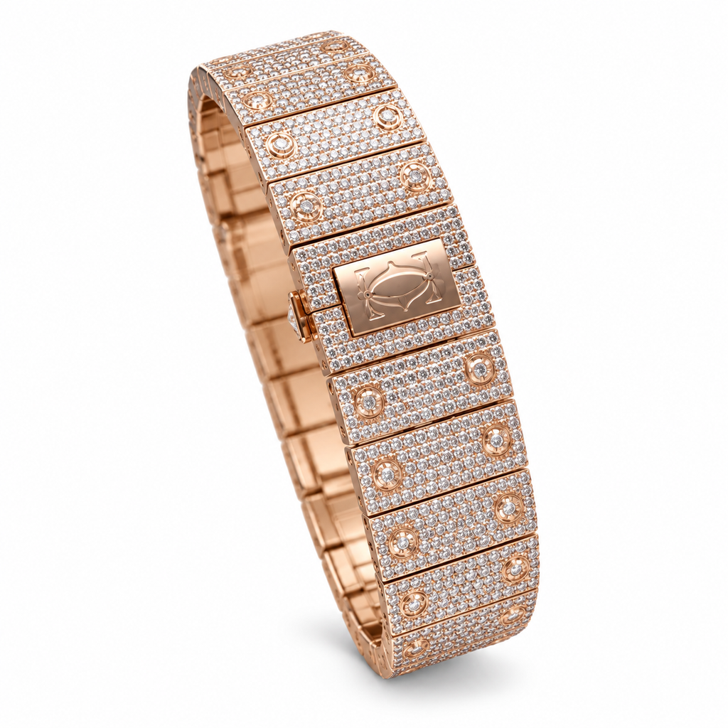 Cartier Santos de Cartier Iced Out Rose Gold Full Diamond Skeleton Dial Bracelet Watch