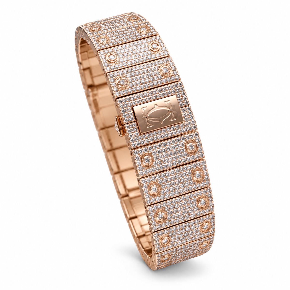 Cartier Santos de Cartier Iced Out Rose Gold Full Diamond Skeleton Dial Bracelet Watch