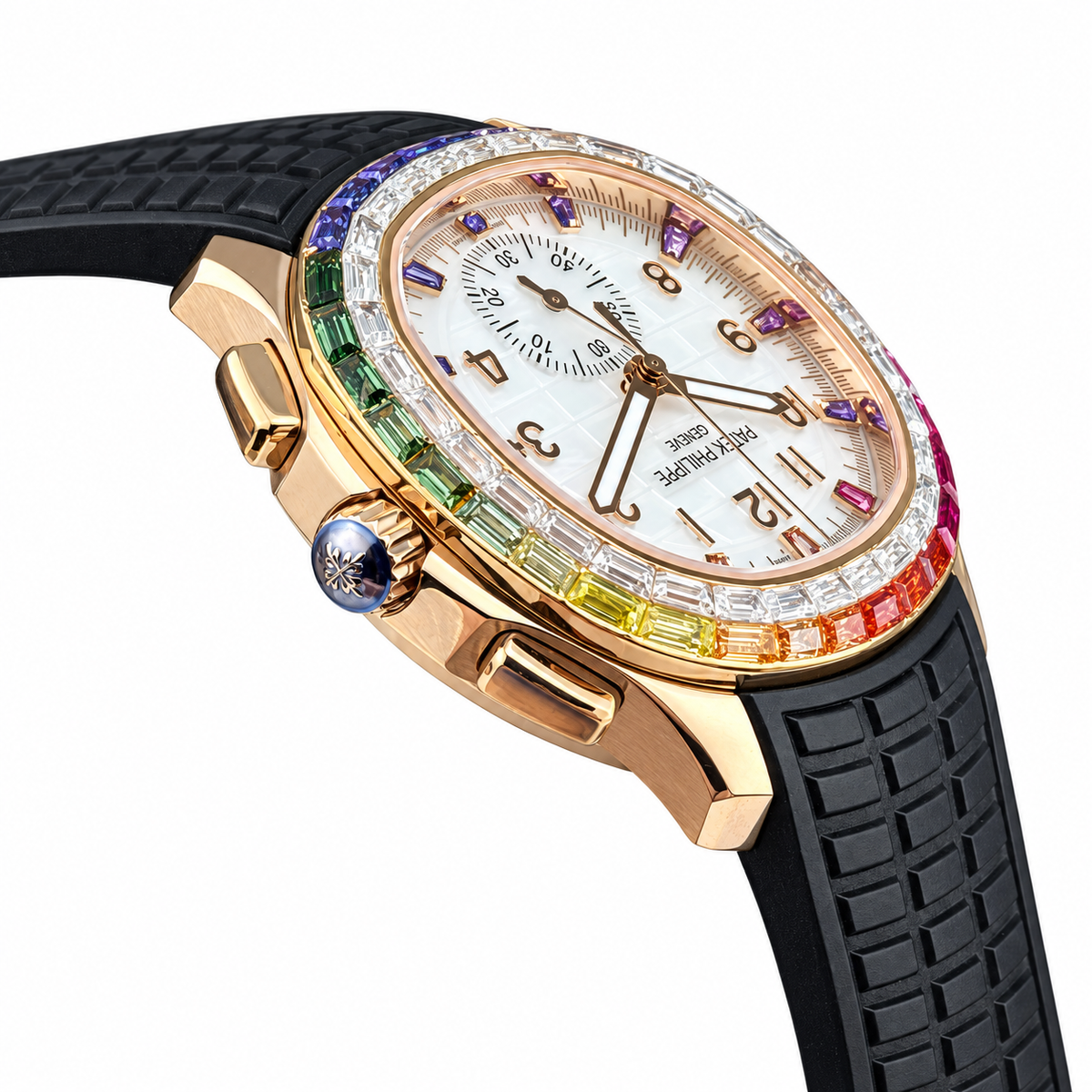 Patek Philippe Aquanaut Chronograph Rose Gold Rainbow Sapphire White MOP 39.9mm