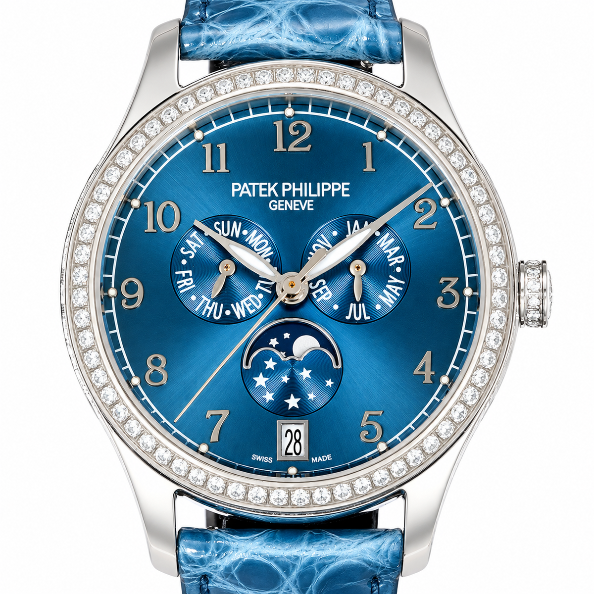 Patek Philippe Ladies Complications White Gold Round Diamond Bezel Blue Dial Arabic Numerals Annual Calendar Moon Phase Date Blue Strap 38mm