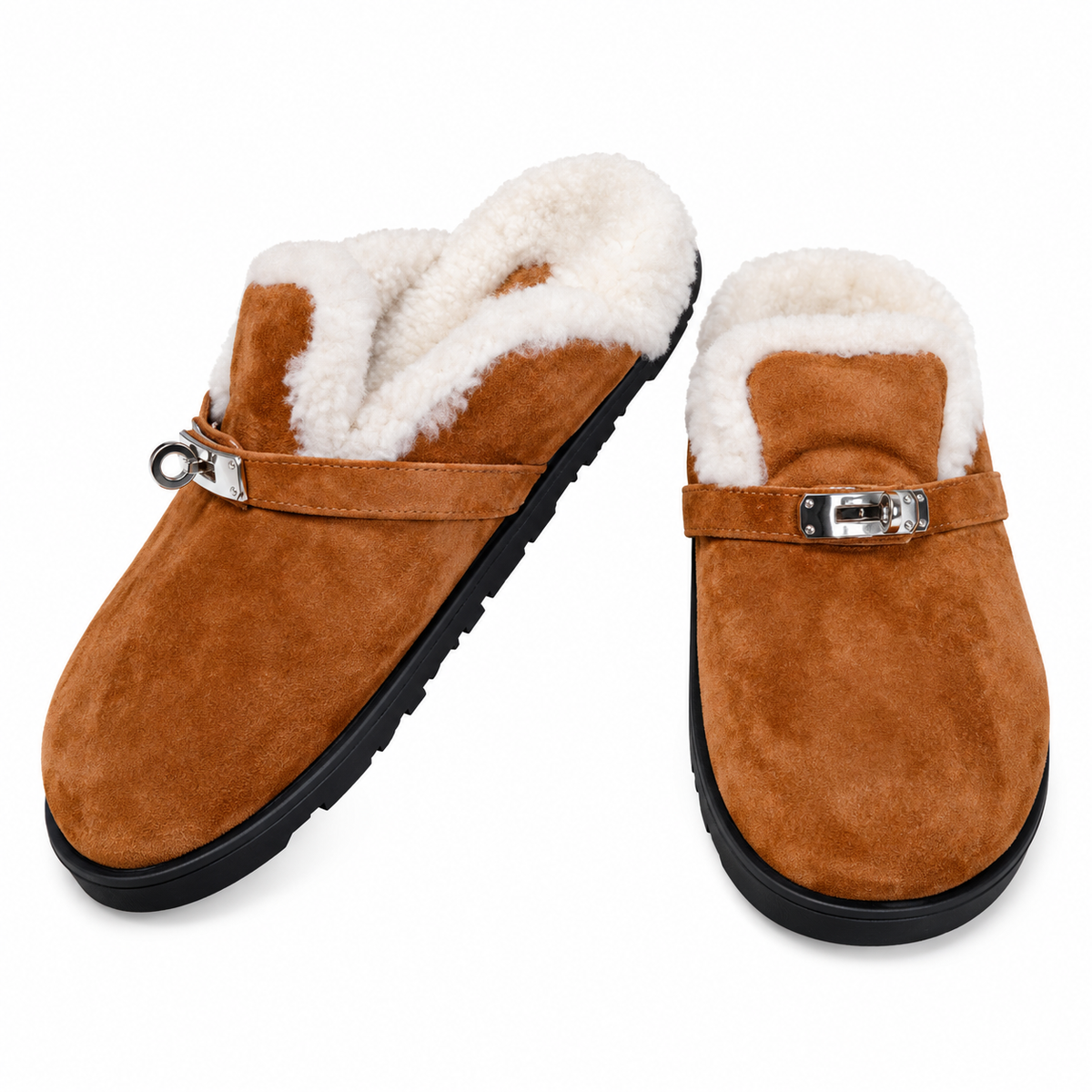 Hermès Tan Mule Shoes with Cream Plush Lining