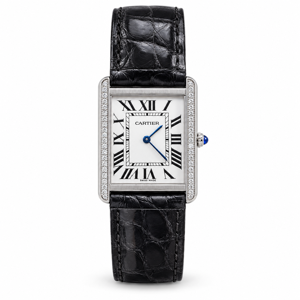 Cartier Tank Solo Small Stainless Steel Diamond Bezel White Dial Grey Alligator Strap Watch