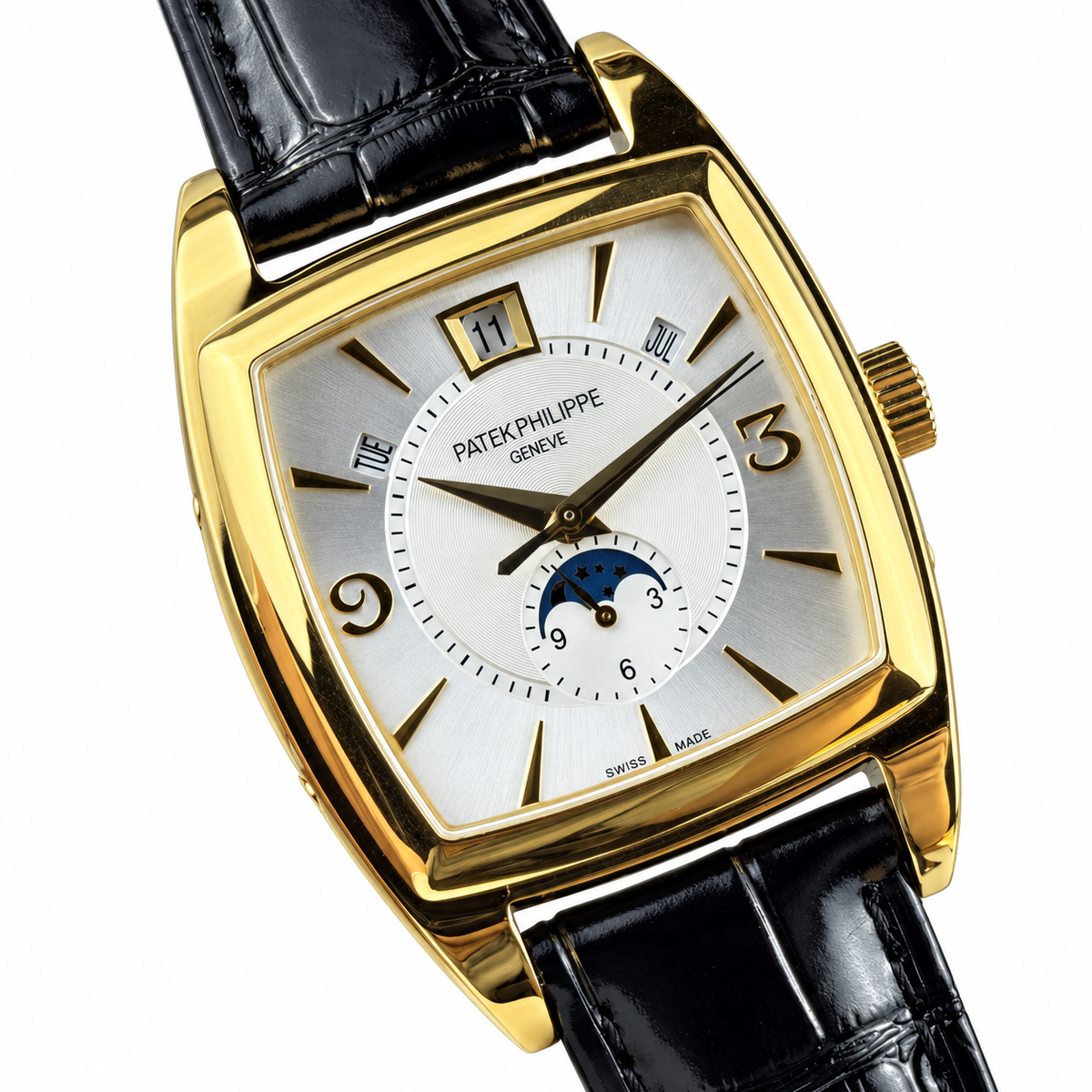 Patek Philippe Gondolo Cushion Yellow Gold Moon Phase Day Date Month Silver Dial Black Strap 34mm