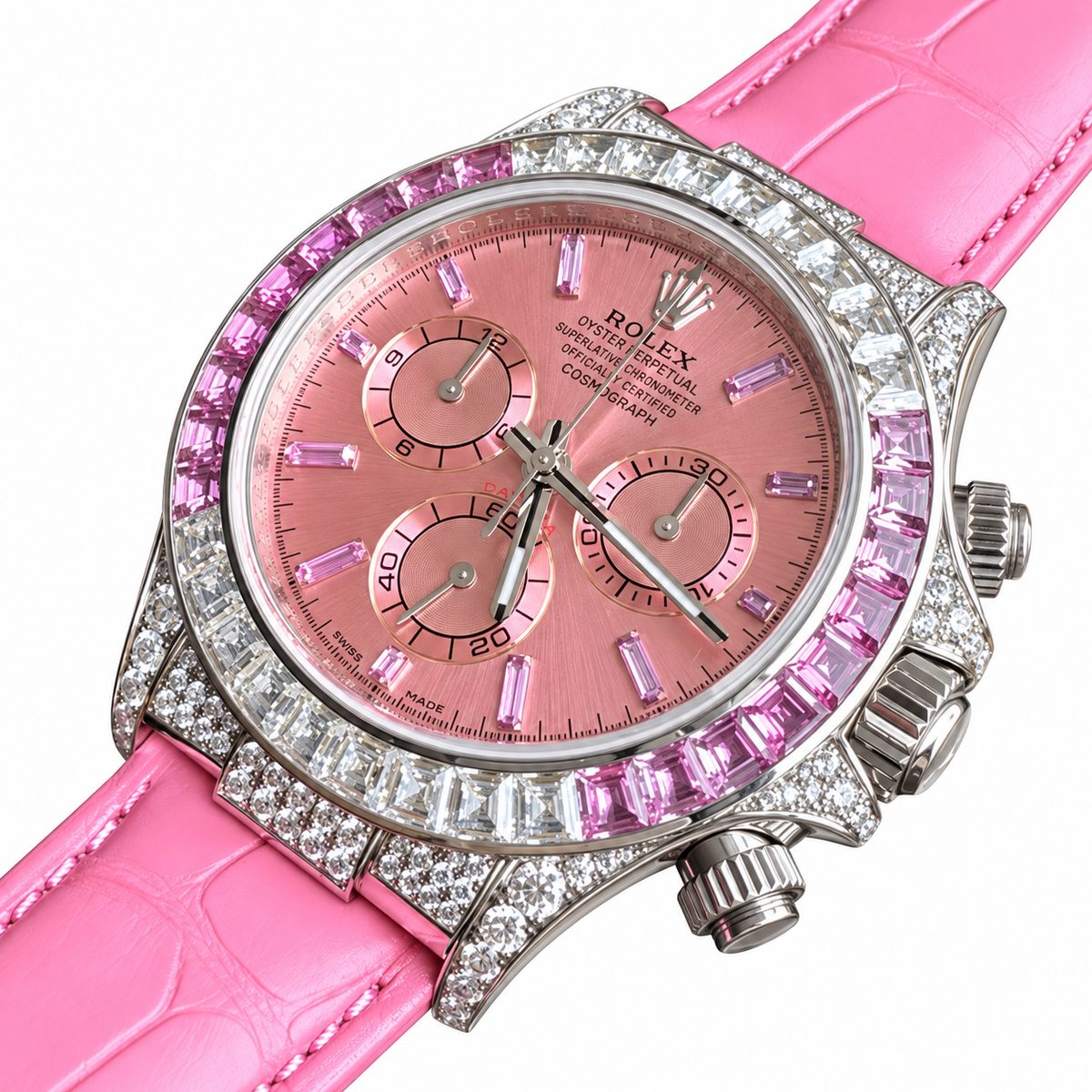 Rolex Cosmograph Daytona White Gold Pink Sapphire Diamond Bezel Pink Dial Watch