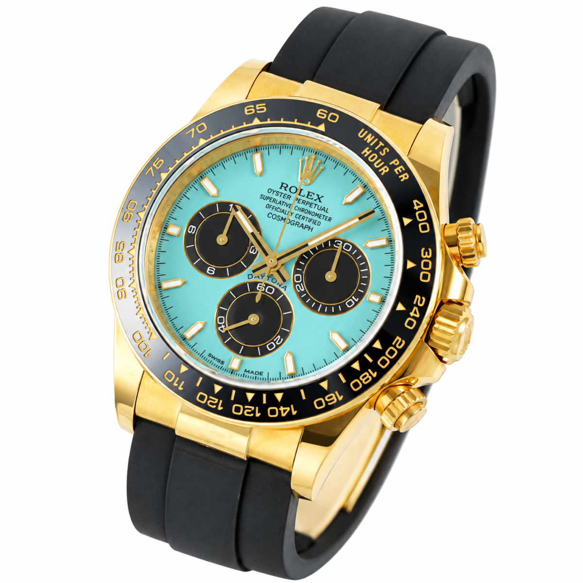 Rolex Cosmograph Daytona Yellow Gold Black Ceramic Bezel Tiffany Blue Dial Oysterflex Watch