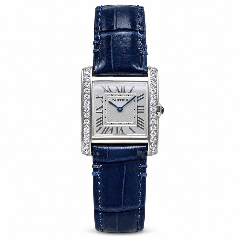 Cartier Tank MC Large Stainless Steel Full Diamond Bezel White Dial Blue Alligator Strap Watch