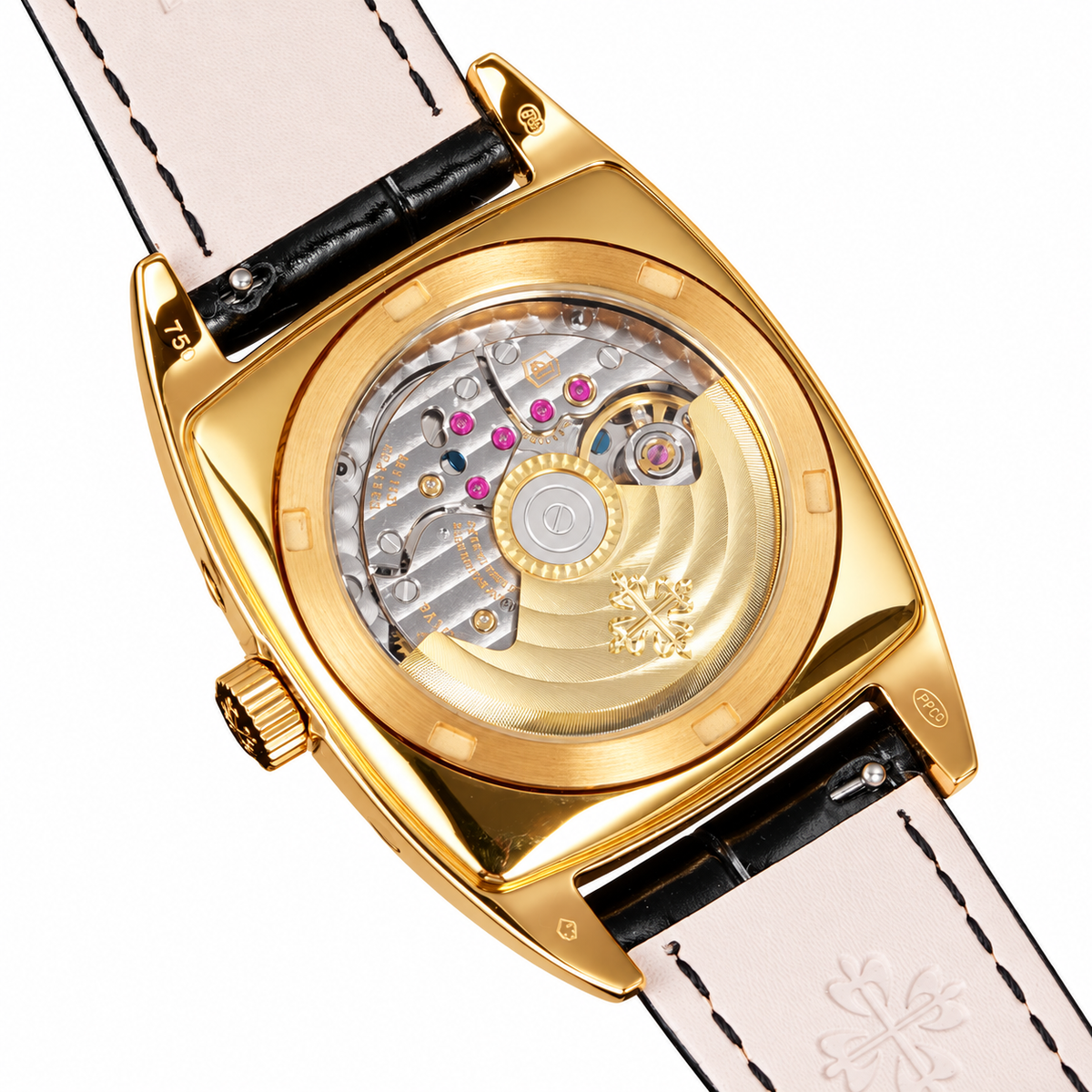 Patek Philippe Gondolo Tonneau Yellow Gold Moon Phase Day Date Month Silver Dial Black Strap 34mm